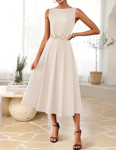 Image of ZESICA Women Summer Sleeveless Midi Dresses 2026 Elegant Boat Neck A Line Tie Waist Spring Cocktail Party Dress