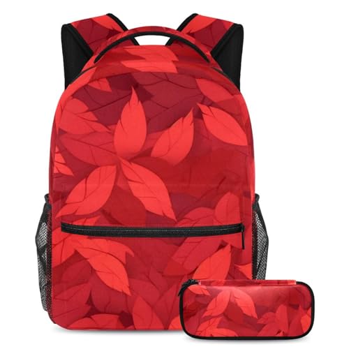 Sac à dos avec trousse motif feuilles rouges pour le collège et les sorties