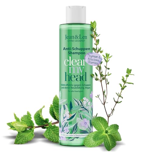 Jean & Len Anti-Schuppen Shampoo Thymian & Minze, vegane Pflegeformel, mit Piroctone Olamine, gegen Schuppen, für die tägliche Haarwäsche geeignet, ohne Parabene & Silikone, vegan, 300 ml