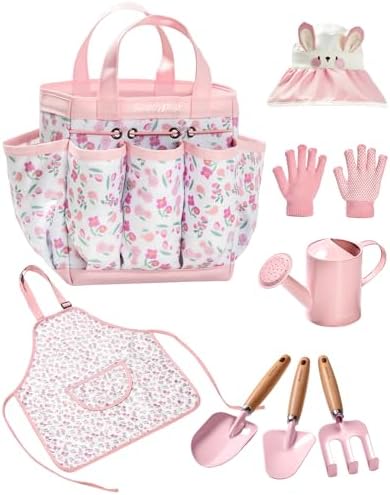 Kids Gardening Tool Set Toys – 8 Pieces Quality Garden Kit for Toddlers & Kids with Shovels, Rake, Watering Can, Hat, Apron, Gloves & Storage Bag (Pink Flower)