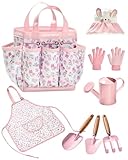 Seedypop Kids Gardening Tool Set Toys - 8 Pieces Quality Garden Kit for Toddlers & Kids with Shovels, Rake, Watering Can, Hat, Apron, Gloves & Storage Bag（Pink）