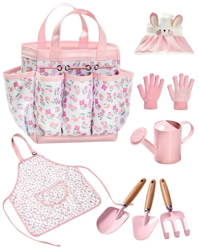 Seedypop Kids Gardening Tool Set Toys - 8 Pieces Quality Garden Kit for Toddlers & Kids with Shovels, Rake, Watering Can, Hat, Apron, Gloves & Storage Bag（Pink）
