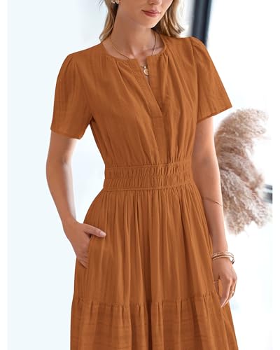 BTFBM Womens Summer 2026 Casual Midi Maxi Dresses Lightweight Short Sleeve V Neck Elastic Waist Boho Beach Dress Pockets(Brown Orange, Large) — view 6