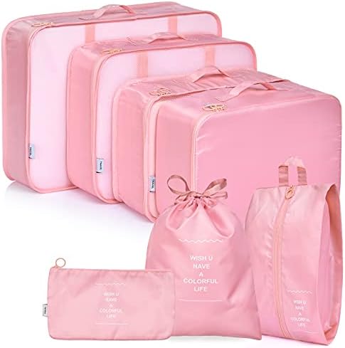 CaweyLife 7 Pcs Set Packing Cubes Traveling Luggage Organizers Pack Bags for 24in Suitcase Travel Accessories (7 Pcs, Pink) 2 CaweyLife 7 Pcs Set Packing Cubes Traveling Luggage Organizers Pack Bags for 24in Suitcase Travel Accessories (7 Pcs, Pink)