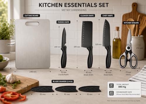 Image of Kitchen Knife Set with Steel Board & Scissors | 3 Cooking Knives Black Coted Stainless Steel Blade With Covers | Food Grade Steel Chopping Board for Veggis,Meat | Multipurpose Kitchen Scissors