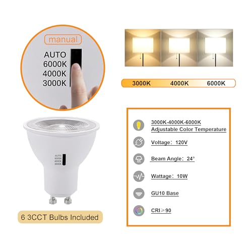 Image of 6 Packs White GU10 Track Lighting Kit 3CCT Adjustable | Dimmable LED Ceiling Spotlight 10W Replaceable Bulbs 6.56FT H-Type Track Rail Complete Lighting System
