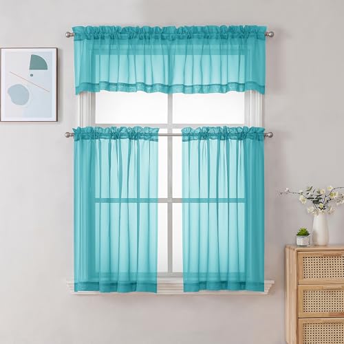 Image of Chyhomenyc Turquoise Sheer Valances for Windows - Light Filtering Small Kitchen Curtains, Rod Pocket Short Top Window Treatment Decor for Living Room Bathroom Basement, 42Wx16L inches, 2 Panels