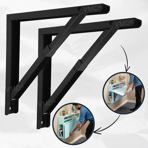 Image of VMD, Heavy Duty 24 inch (Black) Foldable Shelf Bracket, DIY Folding Shelves, l Bracket, Wall Brackets, Wall Angle Bracket, Folding Table Bracket with Fittings for fold Down Steel Table (Pack of 2)