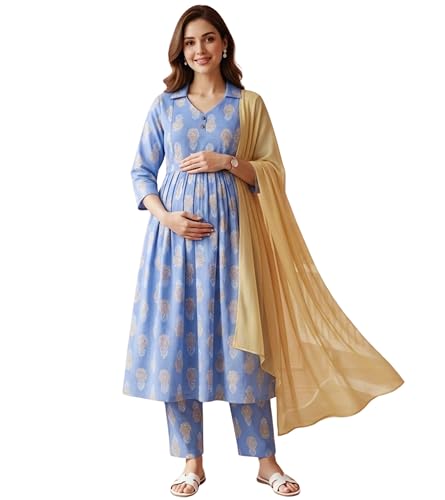 Image of DUMMY SHAPE Maternity Dresses for Women Cotton Rayon | Floral Kurta Pant Dupatta Set with Nursing Zippers to Pre & Post Partum | Feeding Kurtis | Mom to Be Gifts for Pregnant Woman