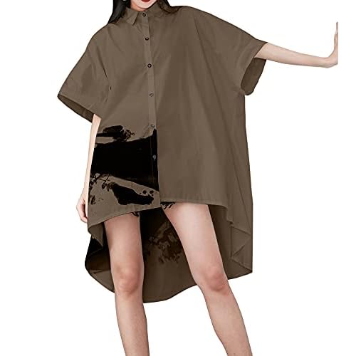 ellazhu Women's Oversized Button Down Shirt Dresses Batwing Sleeves High Low Top for Summer GY1827 A Small-X-Large Coffee