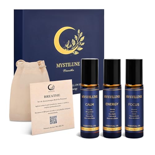 MystiLune Breathe Roll On Aceites Esenciales – Calm, Focus Y Energy | Aromaterapia Natural 100% Vegana Con Pouch Premium | Regalos Originales para Mujer, Bienestar, Relajación Y Concentración