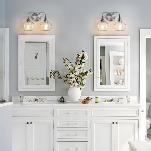 Image of Brushed Nickel Bathroom Vanity Light 2 Lights Bathroom Light Fixtures Over Mirror with Clear Glass Shade 14 inch Wall Sconce Lighting Bath(Exclude E26 Bulb)