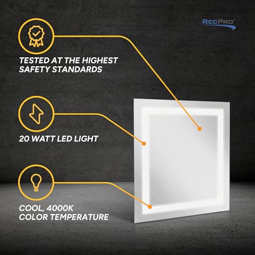 RecPro RV 22″ x 19″ LED Backlit Mirror | 4000K Cool White | Glass Mirror & Steel Base | 12V, 20 Watt | Surface Mount | ETL Certfied | Suitable for Damp Locations | Lighted Mirror