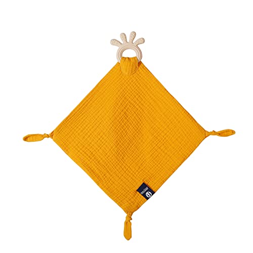 Baby Muslin Security Blanket with Food Grade Silionce Teether,Soothe Teething Toy for Boys and Girls,100% Polyester (Yellow)