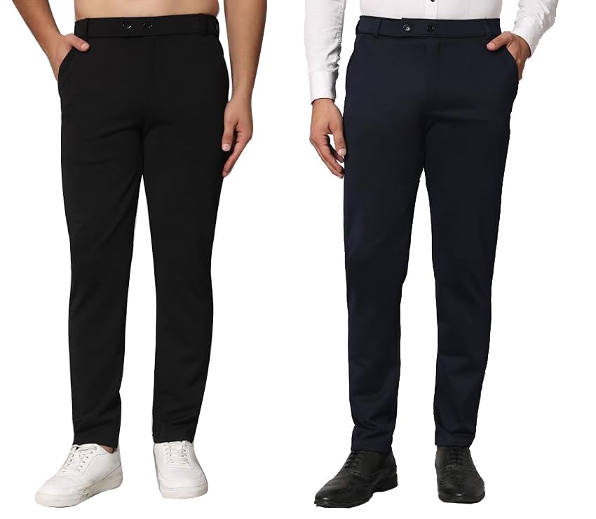 Image of Mehrang Men's Slim Fit Dress Pants, Formal Trousers with Side Pockets, (Pack of 2)