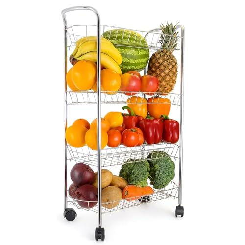BURAKH 3/4 Tier Kitchen Storage Trolley – Rolling Fruit & Vegetable Basket Rack with Wheels – Metal Utility Cart for Pantry, Bathroom, or Office Use (4 Tier)