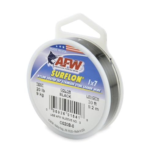 American Fishing Wire Surflon, Nylon Coated 1x7 Stainless Steel Leader Wire, 20 lb Test, .024" Diameter, Black, 30 ft
