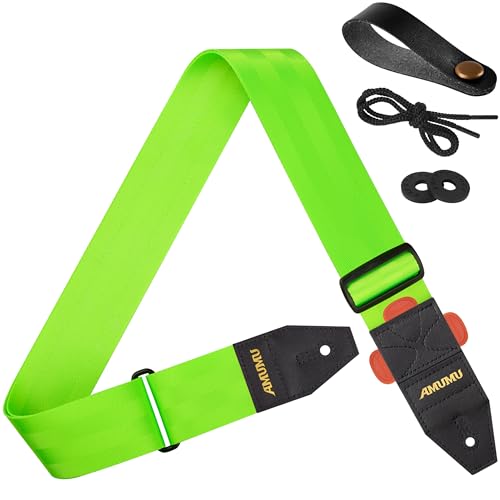 Amumu DURALINK Nylon Seatbelt Guitar Strap with Top Grain Leather Ends for Acoustic, Electric, Bass Guitar, with Quick-Fetch Pick Holder -Neo Green