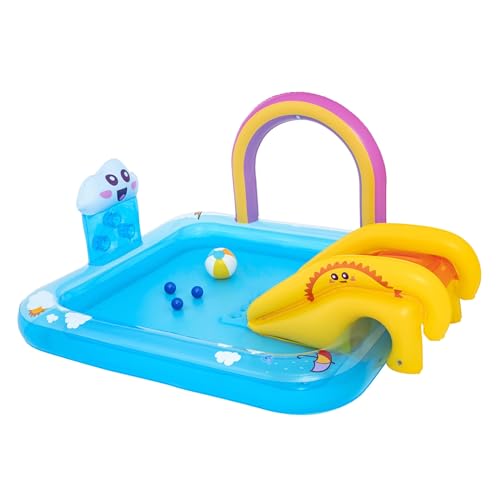 Image of Bestway Rainbows ‘N Rays Play Centre, Inflatable Kids Pool, Water Play Centre with Slide, Rainbow Sprinkler and Ball Games
