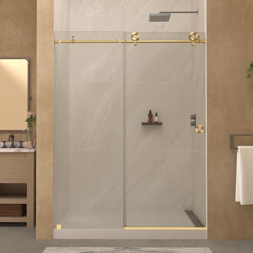56-60 in.W 76 in.H Shower Door 1/4 in (6mm) Frameless SGCC Tempered Glass Explosion-Proof Film Big Donut Single-Sliding Shower Door Installed Left and Right Shower Enclosure Brushed Gold
