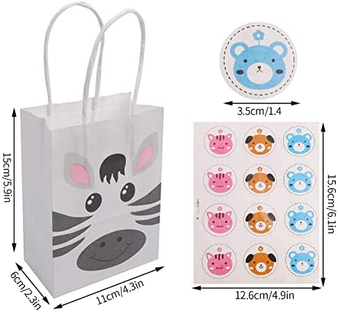 12 Pieces Small Animal Party Bags, 4.3 x 5.9 Inch Jungle Party Bags with 24 Pieces Cartoon Stickers Kraft Paper Candy Bags with Handle Gift Bags for Kids Birthday Baby Shower Party Christmas Party