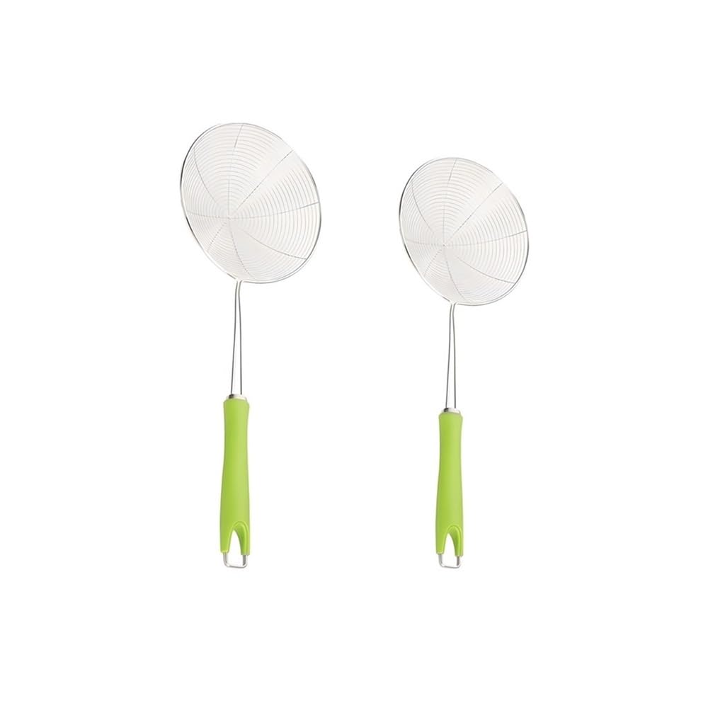 Cestello per Friggere 2 pezzi imbuto in acciaio inox manico in plastica verde colino da cucina for uso domestico setaccio isolamento for frittura profonda grande colino a maglie di scarico Cestello pe