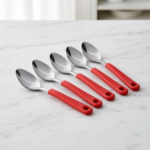 Image of Premium Stainless Steel Table Spoon Set of 6 | 15 cm Large Dinner Spoons, Mirror Finish | Flatware for Dining Table & Kitchen | Dishwasher Safe | Red