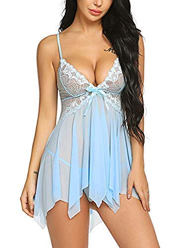 Blue Eyes Babydoll Night Dress/Lingerie Set/Honeymoon Dress (XXX-Large, Sky) Light Blue-image-1