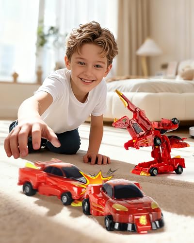 Image of Yivsen Collision Transforming Dinosaur Car Toy, 2 in 1 Magnetic Cars Transform into Dinosaur Toys, Car Crash Dino Robot Toy for Kids, Ideal Birthday Party Gift Toys for Kids Boys Girls, Red