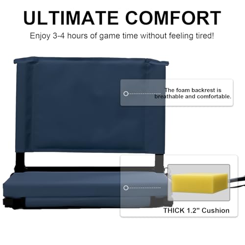 Image of Stadium Seats with Back Support for Bleachers, Folding Bleacher Seat Bleacher Chairs with Back and Cushion, Padded Stadium Chair with Shoulder Strap, Large Mesh Pocket & Carry Handle, Midnight Blue