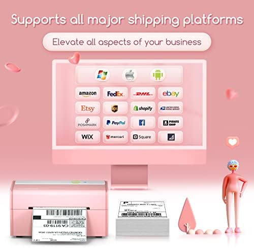 JADENS Bluetooth Thermal Label Printer -Wireless Shipping Label Printer for Small Business & Package, USPS, Etsy, Amazon, Compatible with iPhone, iPad, Mac, Windows, Android, 4x6, Label Maker, Pink