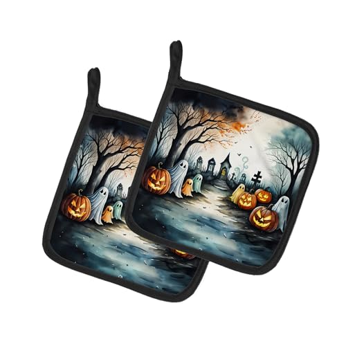 Caroline's Treasures Ghosts Spooky Halloween Pair of Pot Holders Kitchen Heat Resistant Pot Holders Sets Oven Hot Pads for Cooking Baking BBQ, 7 1/2 x 7 1/2