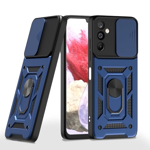 Image of Amazon Basics Back Cover for Samsung Galaxy M16 5G | 360 Protection Case | Sliding Camera Sheild Cover & Ring Holder Stand D10 Tough Armor Bumper Case (Blue)