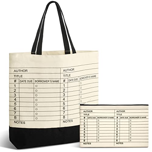 Yinder 2 Pcs Library Card Tote Bag Reusable Library Book Cosmetic Bag for Teacher Appreciation Gifts Women Book Lover(Classical,Elegant)
