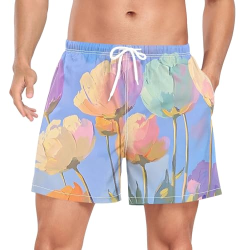 Colorful Florals Painting Mens Swim Trunks with Liner, Cool Quick Dry Beach Swim Shorts, Swimwear Bathing Suits S