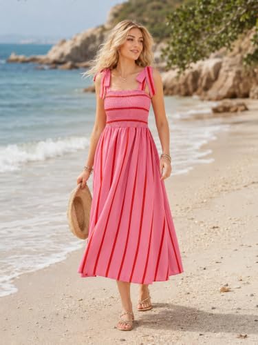 Image of BROVAVE Women Summer Floral Dress: Casual Square Neck Flowy Boho Beach Midi Sundress Sleeveless Tie Shoulder Vacation Daily