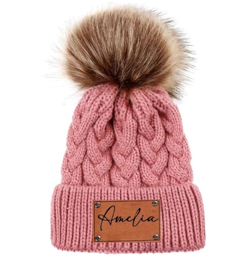 Personalize Baby Pom Beanie with Name, Custom Newborn Leather Patch Baby Beanie Hat, Custom Newborn Hat Gifts - Main Image