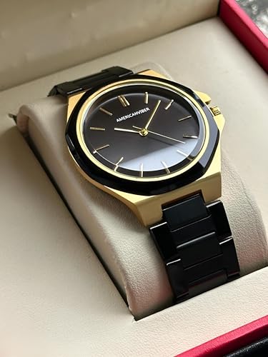 Image of AMERICANVIBER Modern Analog Watch, Silver and Black Two-Tone Stainless Steel Band, Octagonal Case, White Dial for Men