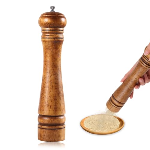 Wooden Pepper Mill 10 Inch Retro Manual Wooden Salt and Pepper Large Grinder with Adjustable Ceramic Rotor Wood Spice Mills Peppermill Grinders for Kitchen Household BBQ Restaurant