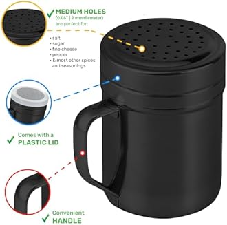 CUSINIUM 10oz Black Stainless Steel Salt Pepper Dredge Shakers - With Plastic Cap - With Handle - Pack of 2