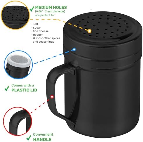 CUSINIUM 10oz Black Stainless Steel Salt Pepper Dredge Shakers - With Plastic Cap - With Handle - Pack of 2