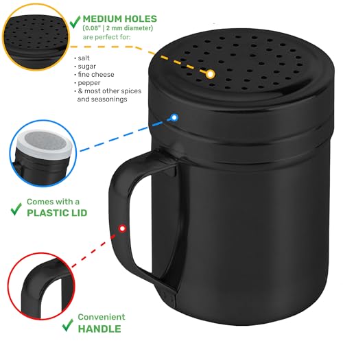 CUSINIUM 10oz Black Stainless Steel Salt Pepper Dredge Shakers - With Plastic Cap - With Handle - Pack of 2