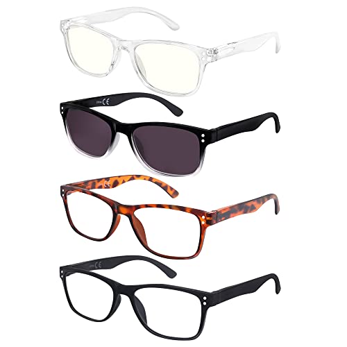 EFE Men Women Reading Glasses 4 Pack (Include 1 Blue Light Reading Glasses / 1 Sun Reader / 2 Reading Glasses) +17.5