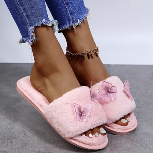 Butterfly Plush Slippers for Women Fluffy Slippers Slip-On Plush Shoes for Home Wear Open Toe Winter Funny Adult2