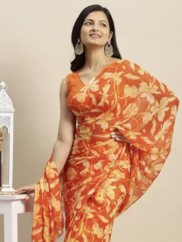 Image of RATAN Women's Chiffon Floral Printed Saree with Unstitched Blouse Piece