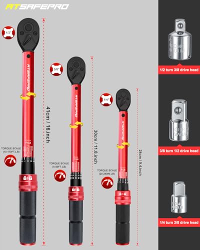 Image of ATsafepro Torque Wrench Set-1 /4 20-240 in-LB, 3 /8 inch 5-50 ft-lb,1 /2 inch 10-170 ft-lb with 3 Socket Adapters,±3% Accuracy, Dual Scale, 72-Tooth, Dual-Direction for Car, Bike, Motorcycle Repair Maintenance