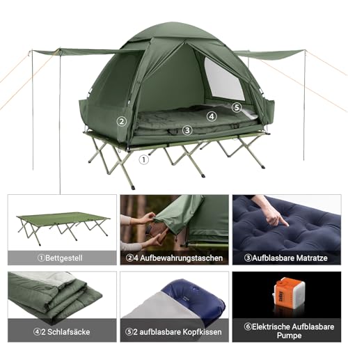 SoBuy Feldbett mit Zelt 2 Personen 7in1 Wurfzelt mit Luftpumpe, Rolltasche, Schlafsack, Vorzelt Wasserdichtes Campingbett Outdoor Campingliege Familienzelt Grün 193x188x145cm bis 180 kg OGS32-L-GR
