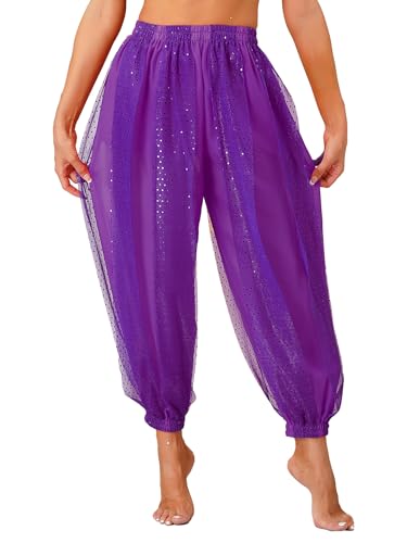 Nyeemya Pantalones Bombachos para Danza del Vientre, Pantalones árabes Tribales de Gasa para Mujer, Suelto Brillante con Lentejuelas, pantalón Bombacho Morado A M