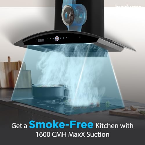 Image of Hindware Smart Appliances | Nadia BLDC 90 IN Kitchen Chimney | 1600 CMH |Curved Glass | Filterless | Auto Clean | Touch Control, Motion Sensor | 12 Yrs Warranty on Motor & 3 Yrs on Product (Black)