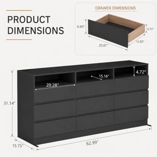 Image of Loomie 9 Drawer Dresser for Bedroom with LED Lights & Power Outlet